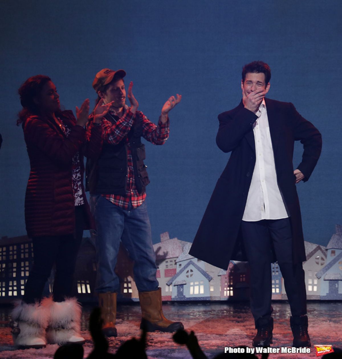 Barrett Doss, Andrew Call and Andy Karl during the Broadway Opening Night Curtain Call Bows for 'Groundhog Day' at August Wilson Theatre on April 17, 2017 in New York City. at 