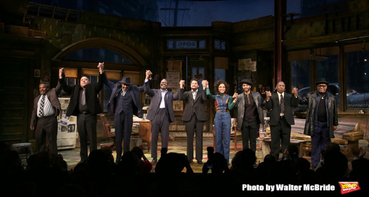 Ray Anthony Thomas, Keith Randolph Smith, Anthony Chisholm, John Douglas Thompson, Brandon J. Dirden, Carra Patterson, Andre Holland, Michael Potts, Harvy Blanks during August Wilson's 'Jitney' Broadway opening night curtain call at Samuel J. Friedman The at 