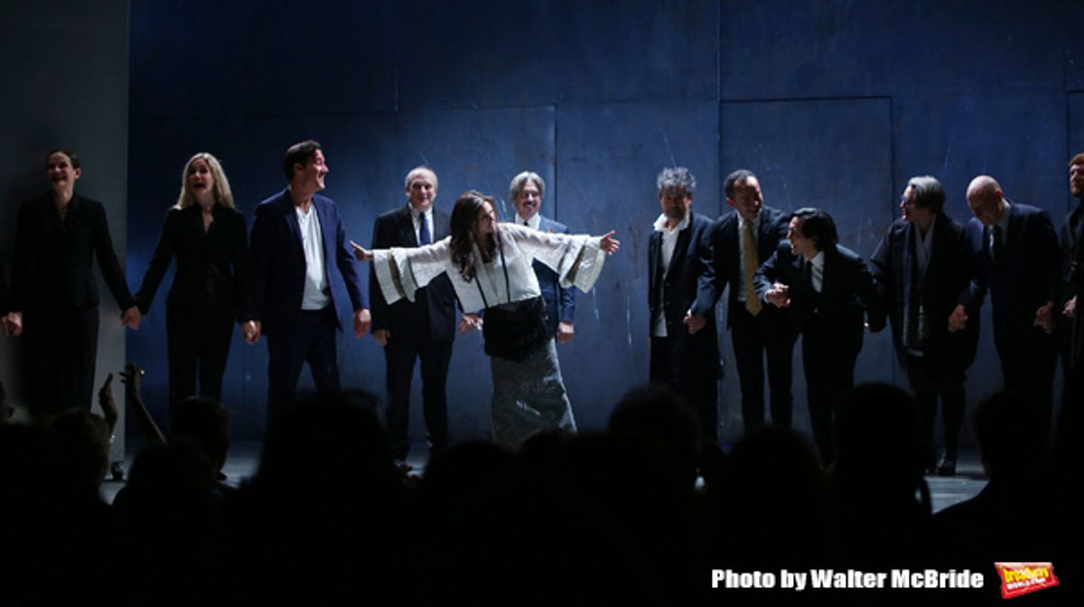 Clive Owen, Donald Holder, Julie Taymor, Elliot Goldenthal, David Henry Hwang, Ma Cong, Jin Ha, Constance Hoffman and Paul Steinberg with the cast  during the Broadway Opening Night performance Curtain Call for 'M. Butterfly' on October 26, 2017 at Cort T at 