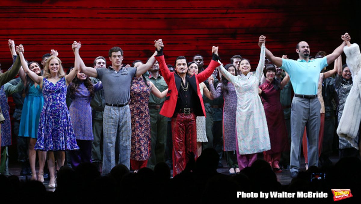 Katie Rose Clarke, Alistair Brammer, Jon Jon Briones, Eva Noblezada, Nicholas Christopher during The Opening Night Curtain Call Bows for the New Broadway Production of 'Miss Saigon' at the Broadway Theatre on March 23, 2017 in New York City at 