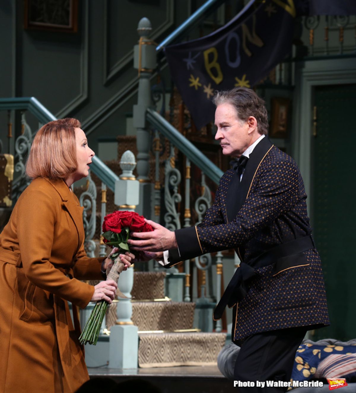 Kate Burton and Kevin Kline during Broadway Opening Night  curtain call for 'Present Laughter' at the St. James Theatre on April 5, 2017 in New York City. at 