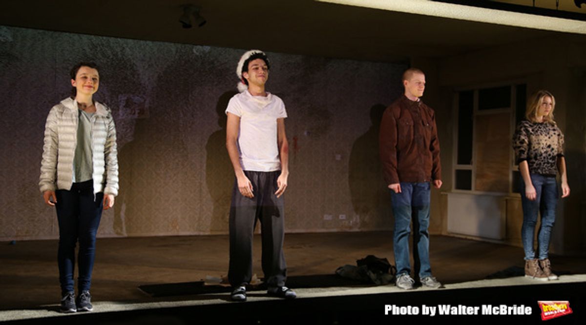Stefania LaVie Owen, Justice Smith, Lucas Hedges and Ari Graynor during the 'Yen' Opening Night Curtain Call bows at the Lortel Theatre on January 31, 2017 in New York City. at 