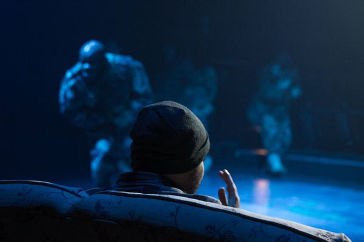 (Foreground) COOPER HARRIS-TURNER (Will).  (Background) TONY WILLIAMS (Tunny)  and the Ensemble from the Lakewood Playhouse Production of 'Green Day's AMERICAN IDIOT' at 