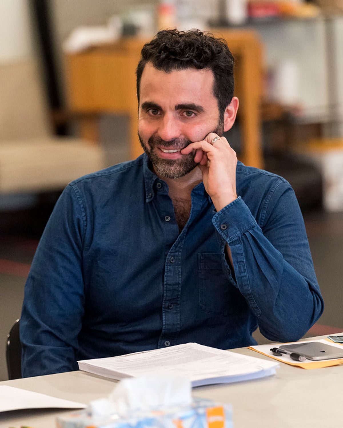 Cast member Nick Massouh at the first rehearsal for â€"Water by the Spoonfulâ€ by Quiara AlegrÃ­a Hudes. Directed by Lileana Blain-Cruz, â€"Water by the Spoonfulâ€ runs January 31 through March 11, 2018 at the Center Theatre Group/Mark Taper Forum. For  at 