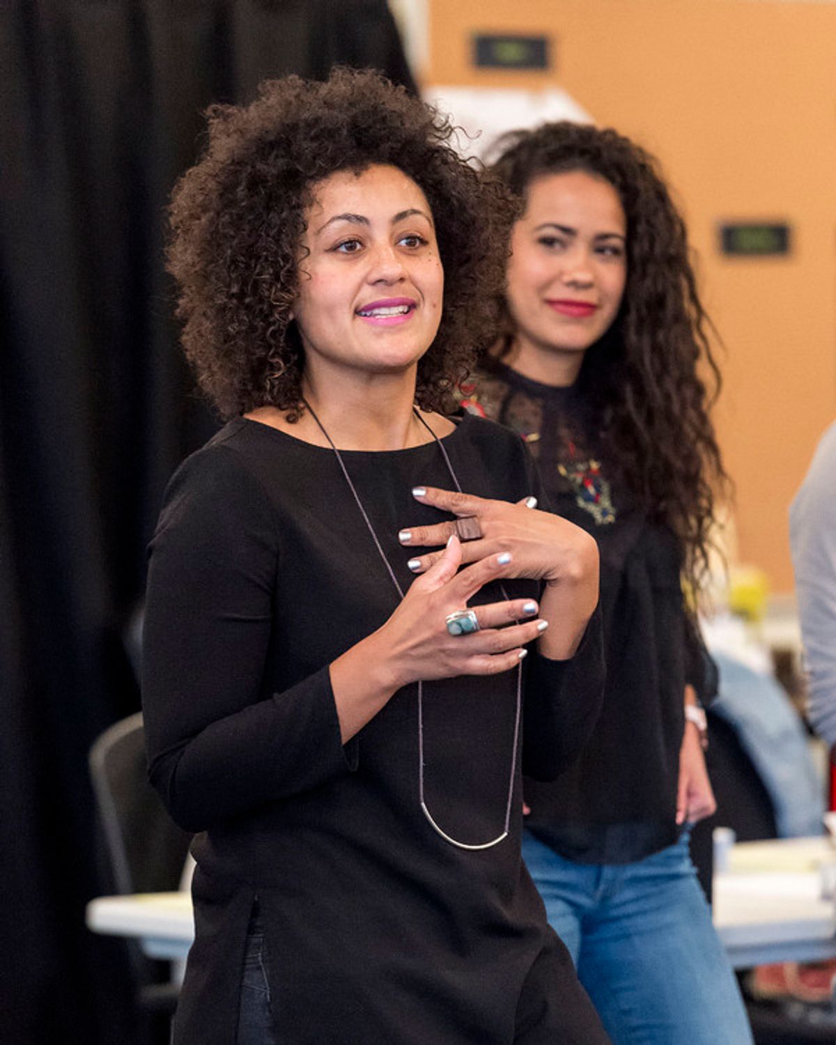 L-R: Director Lileana Blain-Cruz and cast member Keren Lugo at the first rehearsal for â€�"Water by the Spoonfulâ€ by Quiara AlegrÃ­a Hudes. Directed by Lileana Blain-Cruz, â€�"Water by the Spoonfulâ€ runs January 31 through March 11, 2018, at the Center  at 