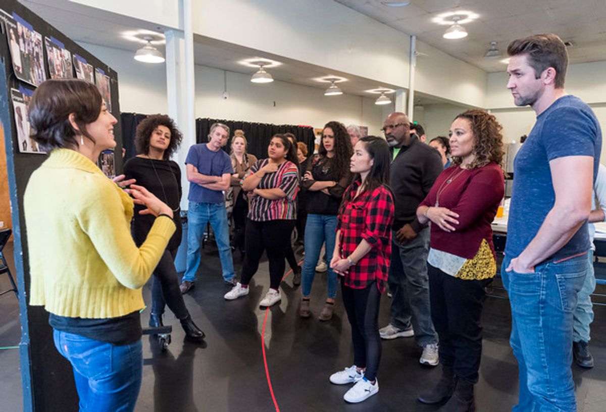 Costume designer Raquel Barreto (left) presents to the company of â€"Water by the Spoonfulâ€ at the first rehearsal. Quiara AlegrÃ­a Hudesâ€™ â€"Water by the Spoonfulâ€ will play at Center Theatre Group/Mark Taper Forum. Written by Quiara Alegra Hudes a at 