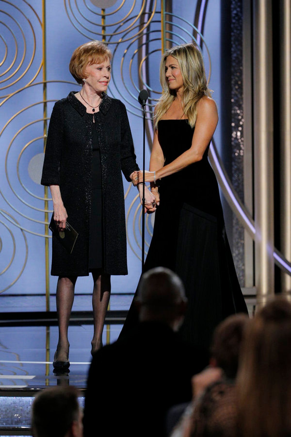 75th ANNUAL GOLDEN GLOBE AWARDS -- Pictured: (l-r) Carol Burnett, Jennifer Aniston, Presenters at the 75th Annual Golden Globe Awards held at the Beverly Hilton Hotel on January 7, 2018 -- (Photo by: Paul Drinkwater/NBC) at 