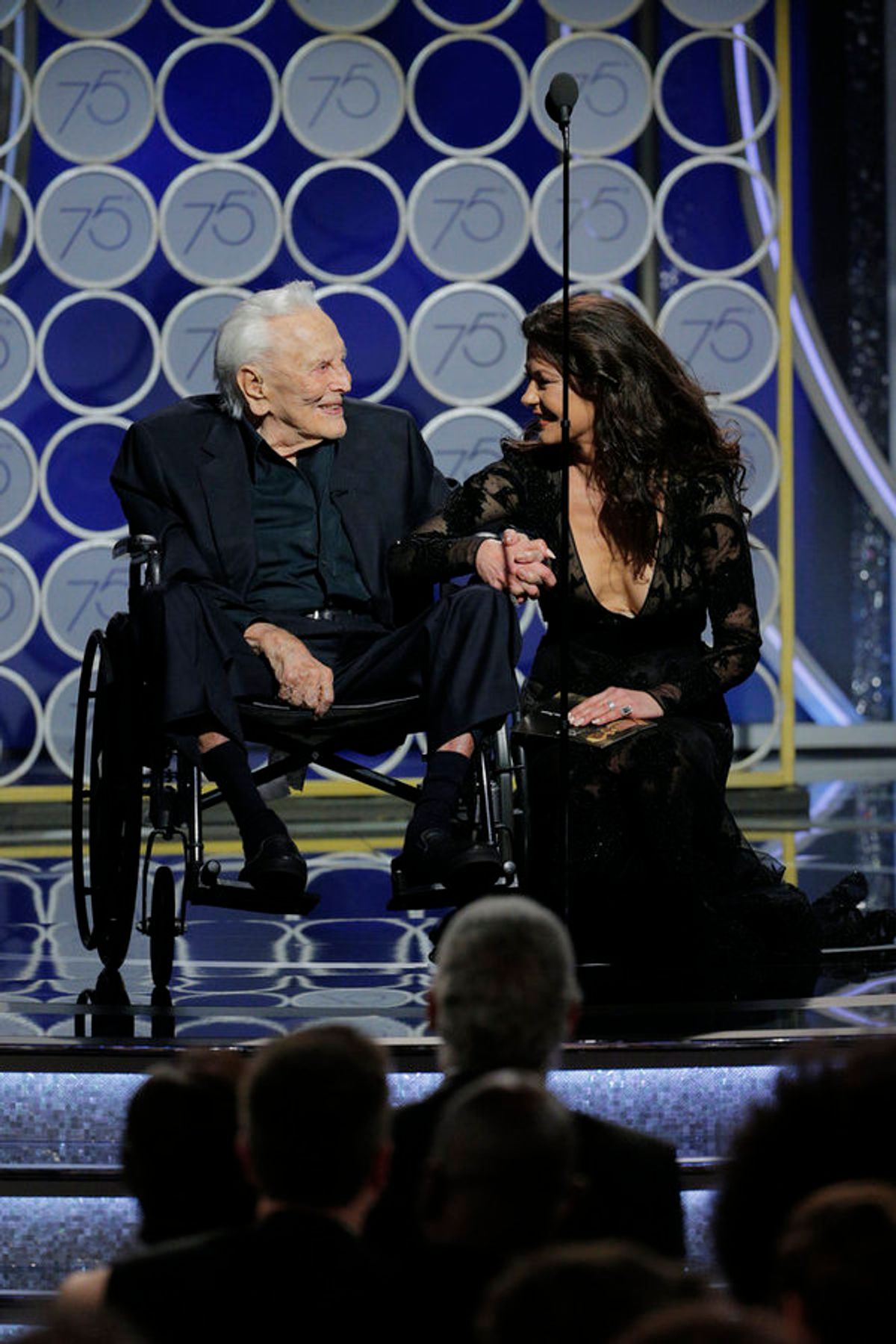 75th ANNUAL GOLDEN GLOBE AWARDS -- Pictured: (l-r) Kirk Douglas, Catherine Zeta Jones, Presenters at the 75th Annual Golden Globe Awards held at the Beverly Hilton Hotel on January 7, 2018 -- (Photo by: Paul Drinkwater/NBC) at 