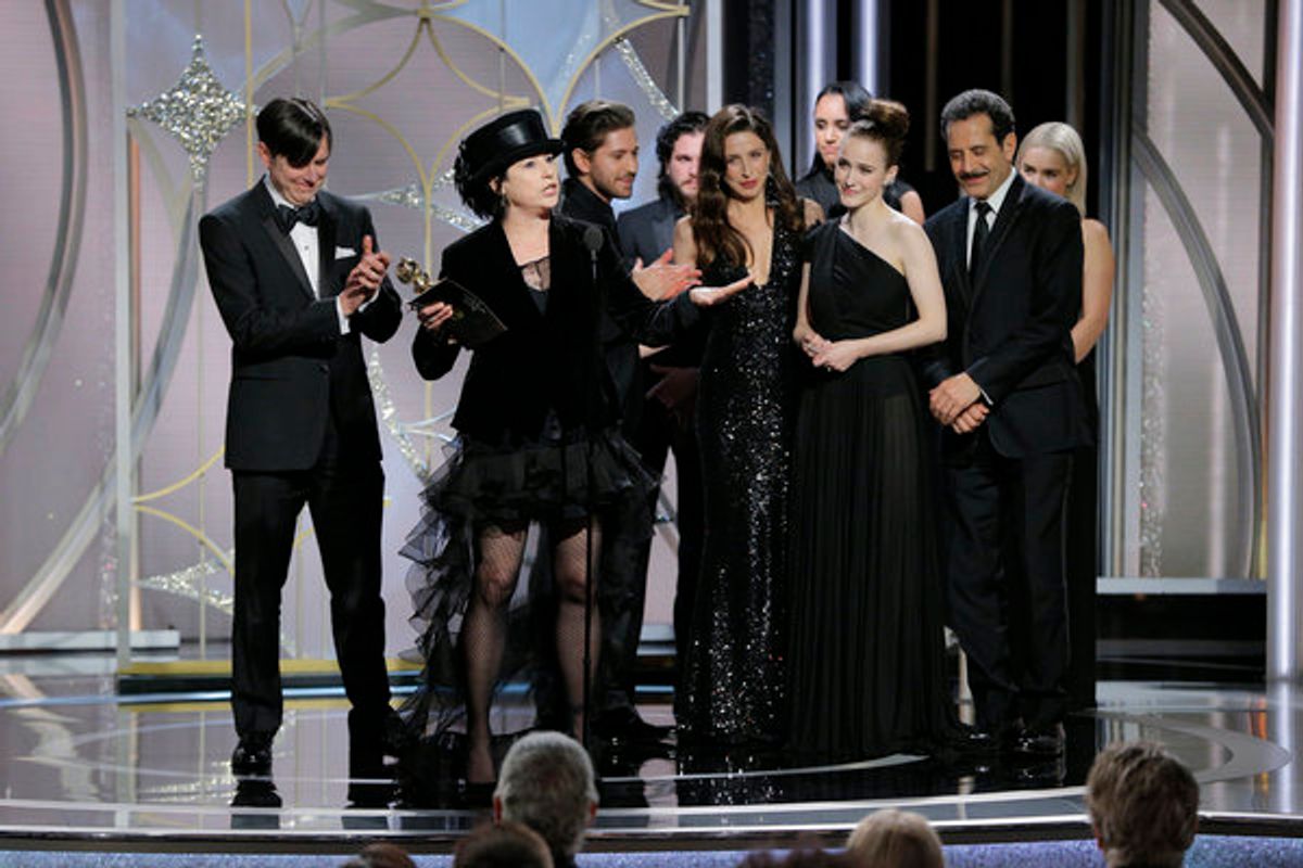 75th ANNUAL GOLDEN GLOBE AWARDS -- Pictured: Amy Sherman-Palladino, Creator, Â“The Marvelous Mrs. MaiselÂ”, Amazon, accepts the award for Best Television Series Â�" Musical or Comedy at the 75th Annual Golden Globe Awards held at the Beverly Hilton Hotel o at 