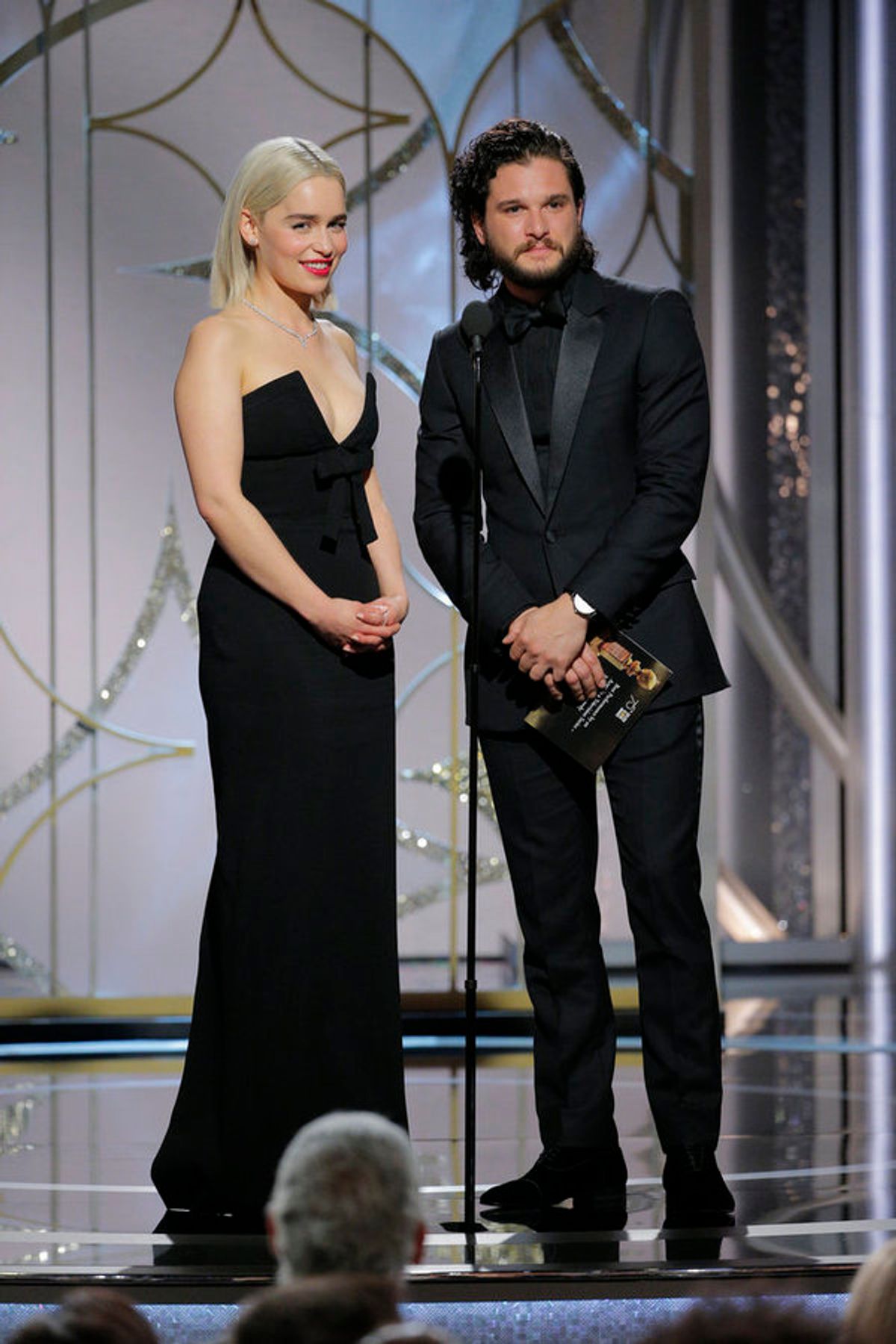 75th ANNUAL GOLDEN GLOBE AWARDS -- Pictured: (l-r) Emilia Clarke, Kit Harrington, Presenters at the 75th Annual Golden Globe Awards held at the Beverly Hilton Hotel on January 7, 2018 -- (Photo by: Paul Drinkwater/NBC) at 