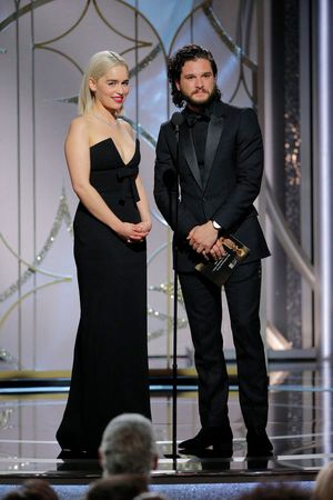 75th ANNUAL GOLDEN GLOBE AWARDS -- Pictured: (l-r) Emilia Clarke, Kit Harrington, Presenters at the 75th Annual Golden Globe Awards held at the Beverly Hilton Hotel on January 7, 2018 -- (Photo by: Paul Drinkwater/NBC) @ BroadwayWorld 75th ANNUAL GOLDEN GLOBE AWARDS -- Pictured: (l-r) Emilia Clarke, Kit Harrington, Pre Photo