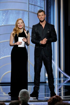 75th ANNUAL GOLDEN GLOBE AWARDS -- Pictured: (l-r) Jessica Chastain, Chris Hemsworth, Presenters at the 75th Annual Golden Globe Awards held at the Beverly Hilton Hotel on January 7, 2018 -- (Photo by: Paul Drinkwater/NBC) @ BroadwayWorld 75th ANNUAL GOLDEN GLOBE AWARDS -- Pictured: (l-r) Jessica Chastain, Chris Hemsworth, Photo
