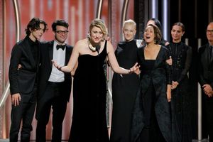 75th ANNUAL GOLDEN GLOBE AWARDS -- Pictured: Greta Gerwig, Director, “Lady Bird”, accepts the award for Best Motion Picture Â" Comedy or Musical at the 75th Annual Golden Globe Awards held at the Beverly Hilton Hotel on January 7, 2018 -- (Photo by: Pau @ BroadwayWorld 75th ANNUAL GOLDEN GLOBE AWARDS -- Pictured: Greta Gerwig, Director, “Lady Bird Photo
