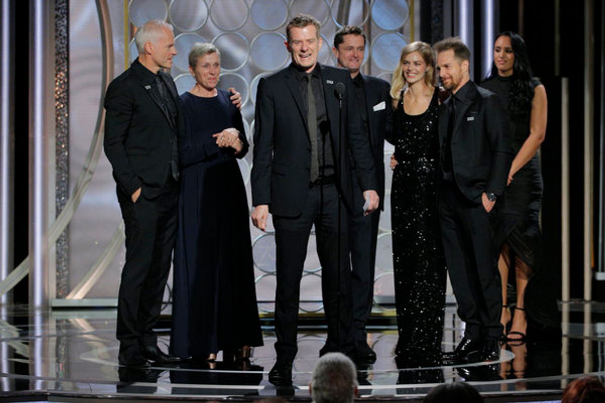 75th ANNUAL GOLDEN GLOBE AWARDS -- Pictured: Graham Broadbent, Producer, Â“Three Billboards Outside Ebbing, MissouriÂ”, accepts the award for Best Motion Picture Â" Drama at the 75th Annual Golden Globe Awards held at the Beverly Hilton Hotel on January 7 at 
