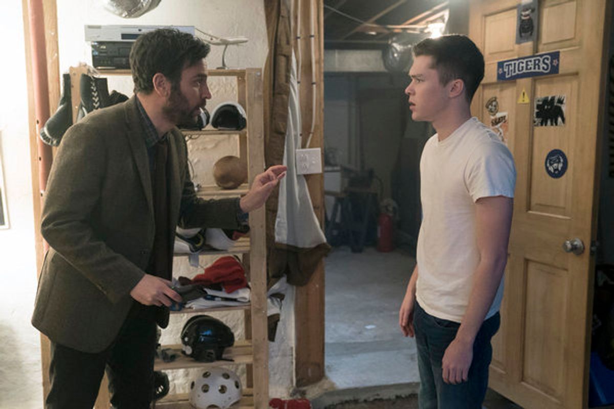 RISE -- 'Pilot' Episode 101 -- Pictured: (l-r) Josh Radnor as Lou Mazzuchelli, Casey Johnson as Gordy Mazzuchelli -- (Photo by: Peter Kramer/NBC) at 