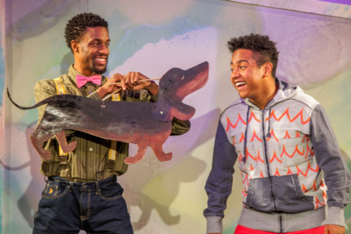 Garrett Gray and Jahbril Cook as Willie the Dog and Peter in The Snowy Day and Other Stories by Ezra Jack Keats. The show features puppets by shadow puppet artist Charlotte Lily Gaspard. photo credit: Adam Smith Jr. at 