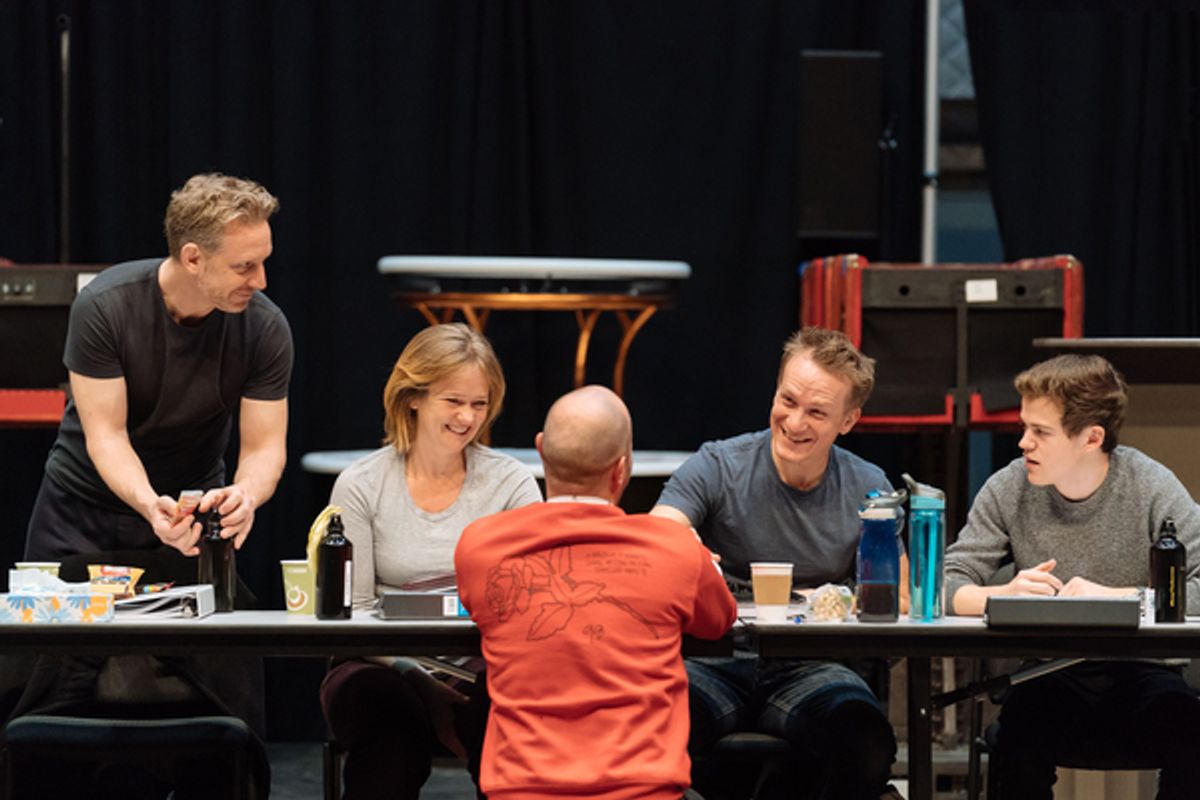 Actors Paul Thornley, Poppy Miller, Jamie Parker and Sam Clemmett in conversation with John Tiffany (back to photo) at 
