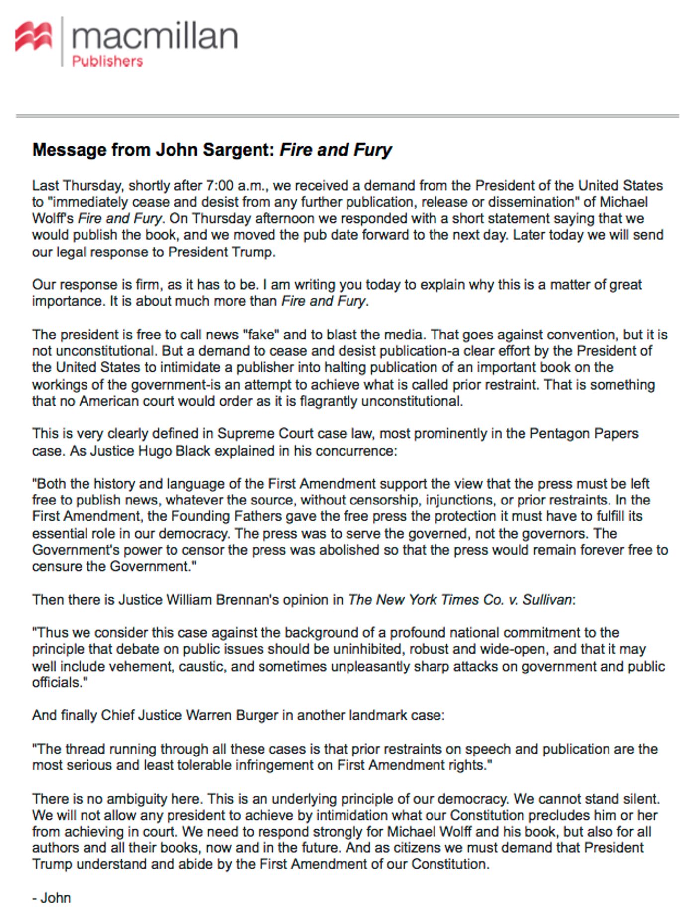 Publisher Will Not Cease and Desist Publishing Fire and Fury  Image