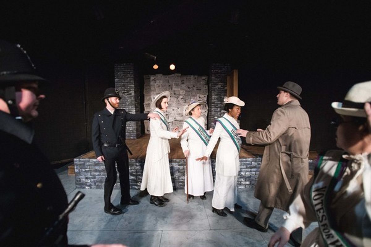 Grace Roe attempts to defend Emmeline Pankhurst from arrest. (L to R): Constable (Richard Traub), Constable (Joseff Stevenson), Gertrude (Scottie Caldwell), Mrs. Pankhurst (Jean Marie Koon), Grace Roe (Arielle Leverett), Inspector McBrien (David Kaplinsky at 