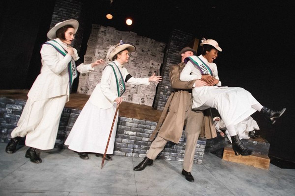  Inspector McBrien removes Grace Roe as an obstacle.(L to R): Gertrude (Scottie Caldwell), Mrs. Pankhurst (Jean Marie Koon), Inspector McBrien (David Kaplinsky), Grace Roe (Arielle Leverett) in Babes With Blades Theatre Companyâ€™s THE GOOD FIGHT 
 at 
