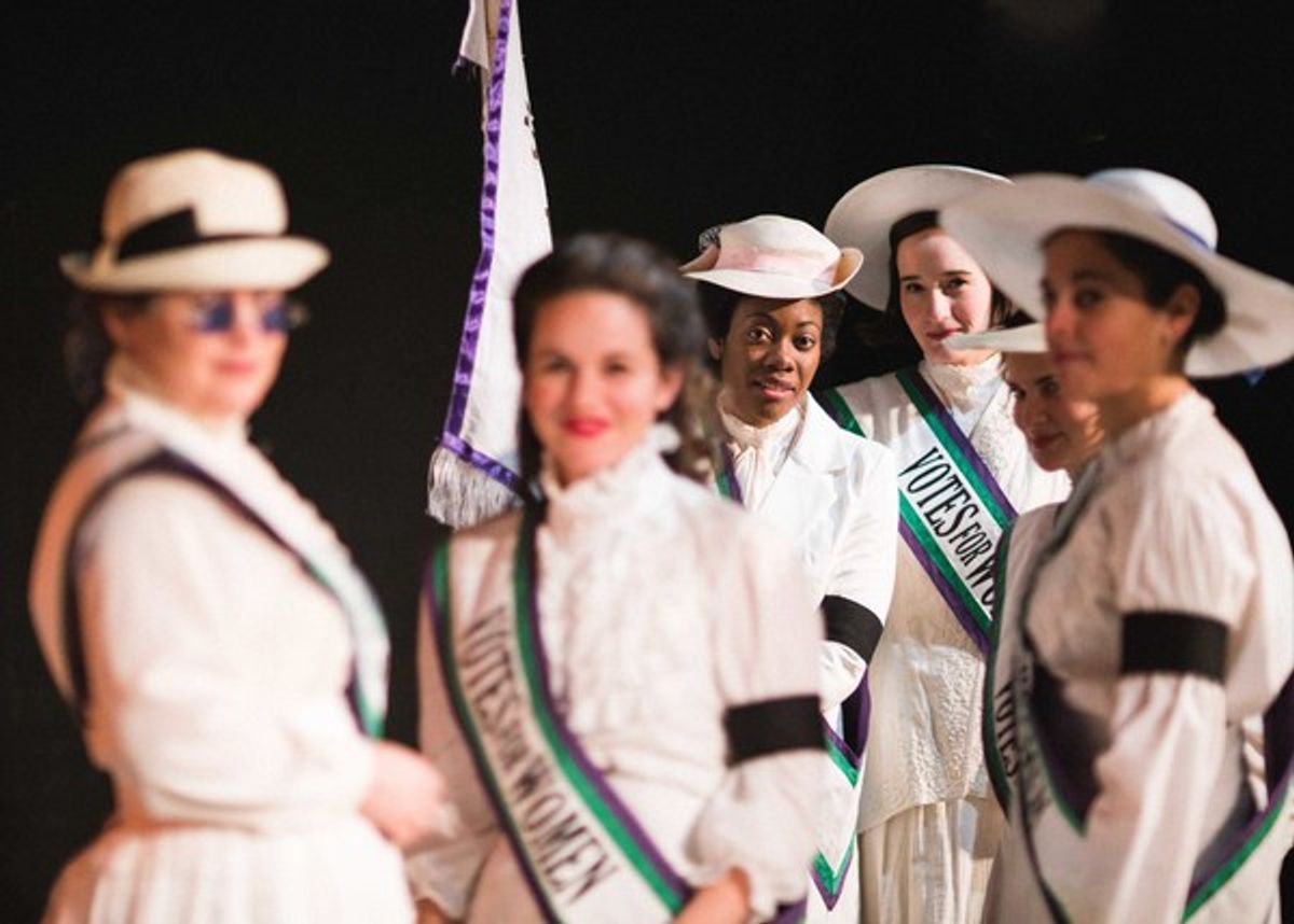 The suffragettes of the Womenâ€™s Social and Political Union. L to R: Harriet Kerr (Delia Ford), Hilda (C. Jaye Miller), Grace Roe (Arielle Leverett), Gertrude (Scottie Caldwell), Mary (Elisabeth Del Toro), Cicely (Jillian Leff) in Babes With Blades Theat at 