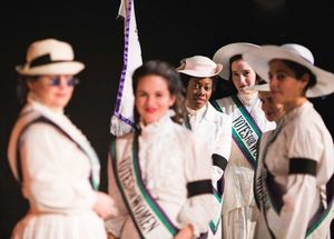 The suffragettes of the Women’s Social and Political Union. L to R: Harriet Kerr (Delia Ford), Hilda (C. Jaye Miller), Grace Roe (Arielle Leverett), Gertrude (Scottie Caldwell), Mary (Elisabeth Del Toro), Cicely (Jillian Leff) in Babes With Blades Theat @ BroadwayWorld The suffragettes of the Women’s Social and Political Union. L to R: Harriet Ke Photo
