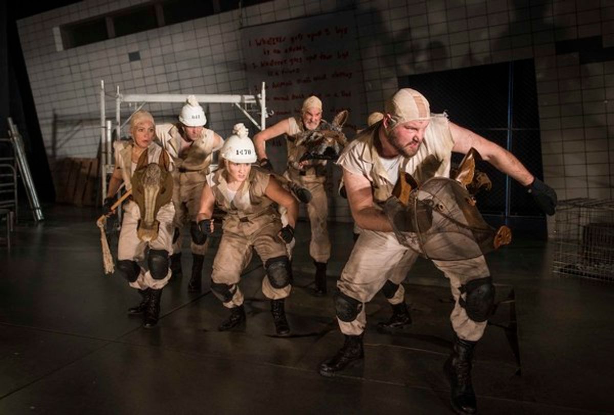 Milwaukee Repertory Theater presents Animal Farm in the Quadracci Powerhouse from January 9 through February 11, 2018. Left to Right: Deborah Staples, Brade Bradshaw, Kelsey Rodriguez, Jonathan Gillard Daly and Brendan Titley. Photo by Michael Brosilow. at 