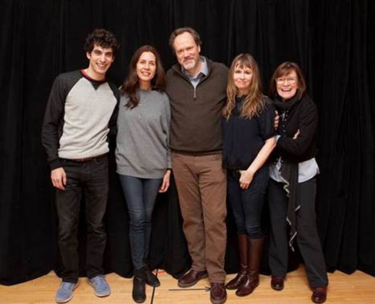 From left to right: Ben Edelman, Jessica Hect, Andrew Garman, Sally Murphy, and Ann McDonough in rehearsal for Joshua Harmonâ€™s new play ADMISSIONS at Lincoln Center Theater.   at 