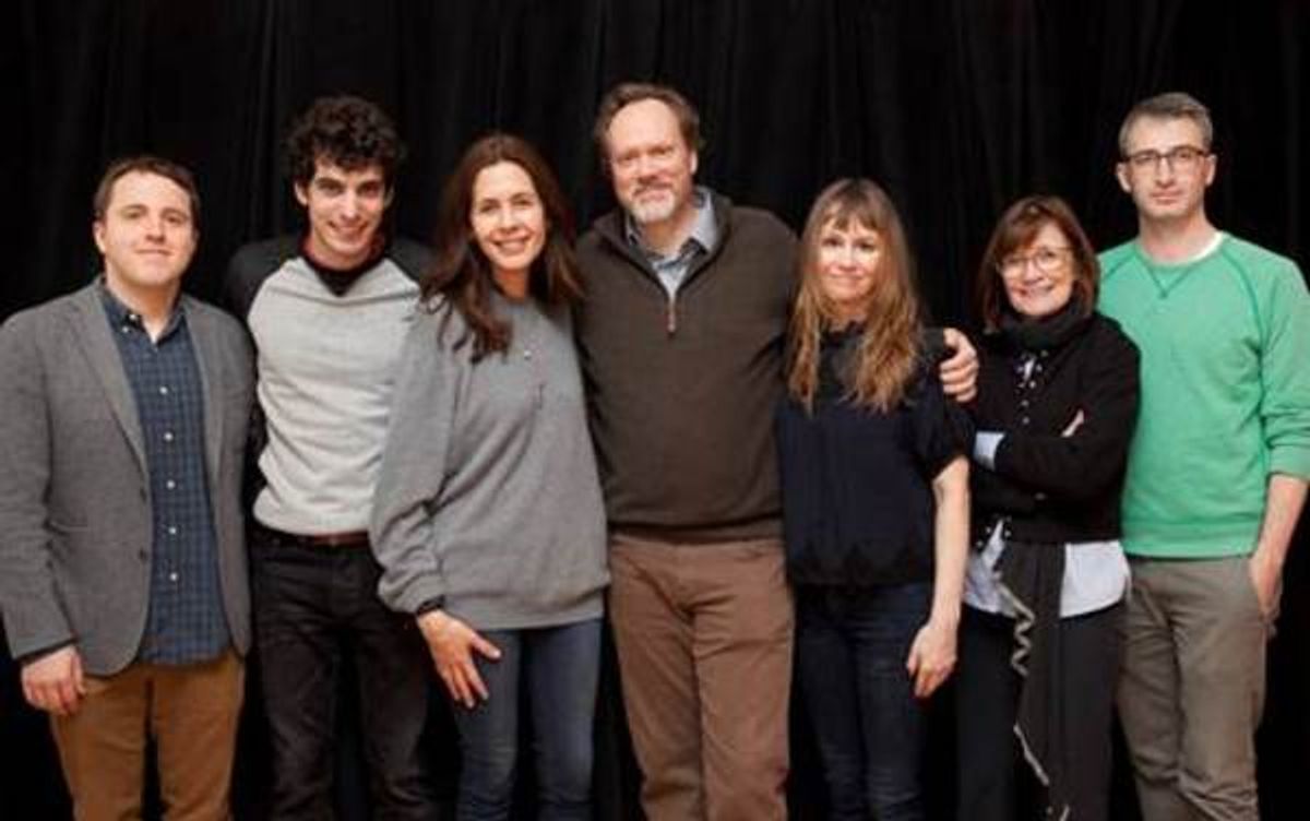 Playwright Joshua Harmon (far left), director Daniel Aukin (far right) and the company of ADMISSIONS in rehearsal at Lincoln Center Theater. at 