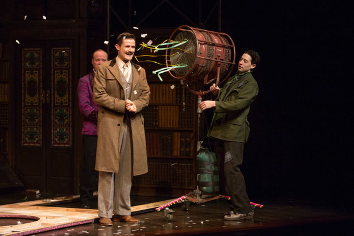 The Play That Goes Wrong stars Jonathan Fielding, Mark Evans and Alex Mandell are blown away by the hit comedyâ€™s Biggest Fan while celebrating â€"Fan Appreciation Night Gone Rightâ€ at The Lyceum Theatre on Broadway at 