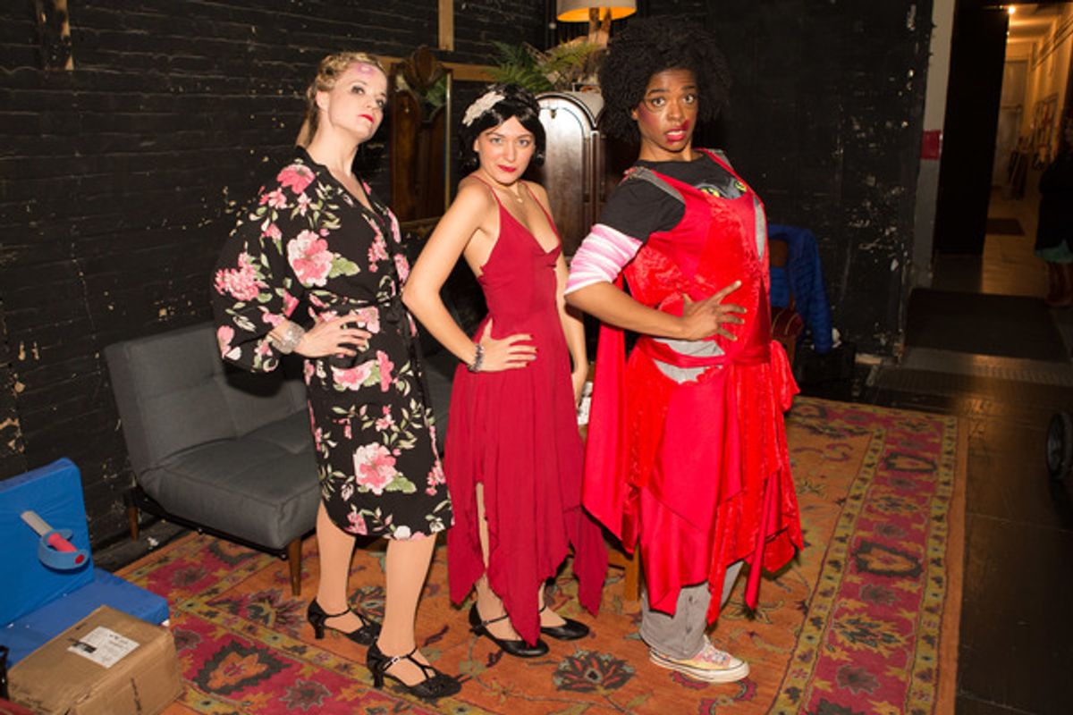 The Play That Goes Wrong leading ladies Amelia McClain and Ashley Bryant salute super fan Lucie Paladino dressed in costume as â€"Florence Collyemoreâ€ while celebrating â€"Fan Appreciation Night Gone Rightâ€ backstage at The Lyceum Theatre on Broadway. at 