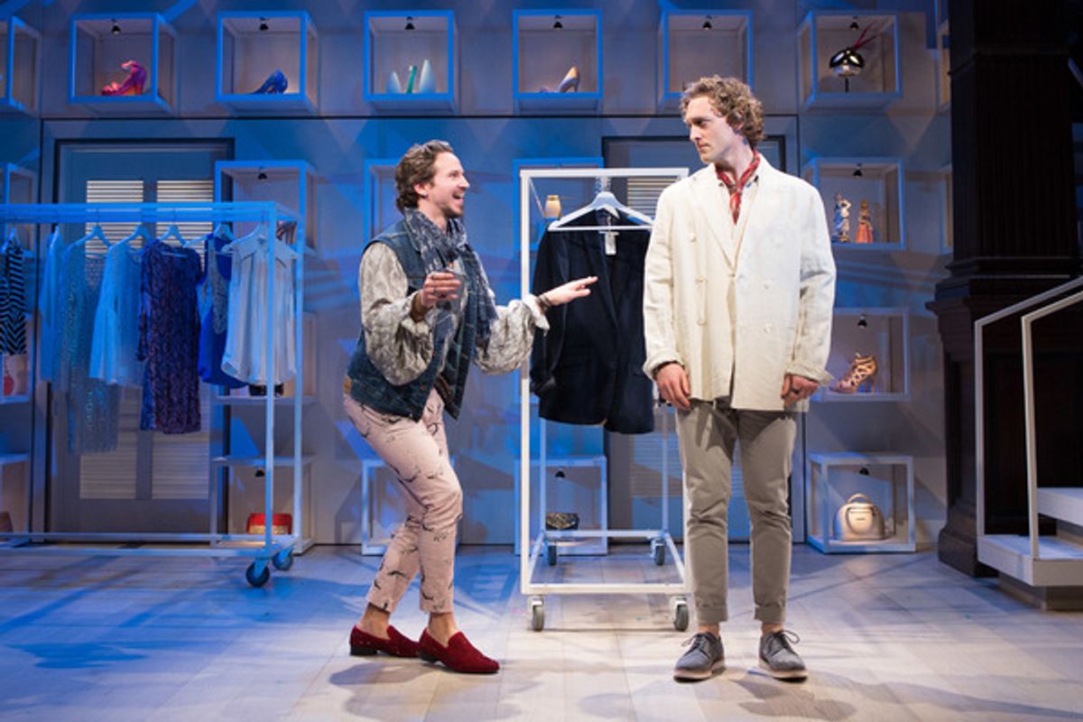 Charles (Brandon Espinoza, left) tries to gather some juicy gossip from Henry (Luigi Sottile), who prefers to keep his dating life more of a secret in Theresa Rebeckâ€™s comedy The Way of the World at Folger Theatre  at 
