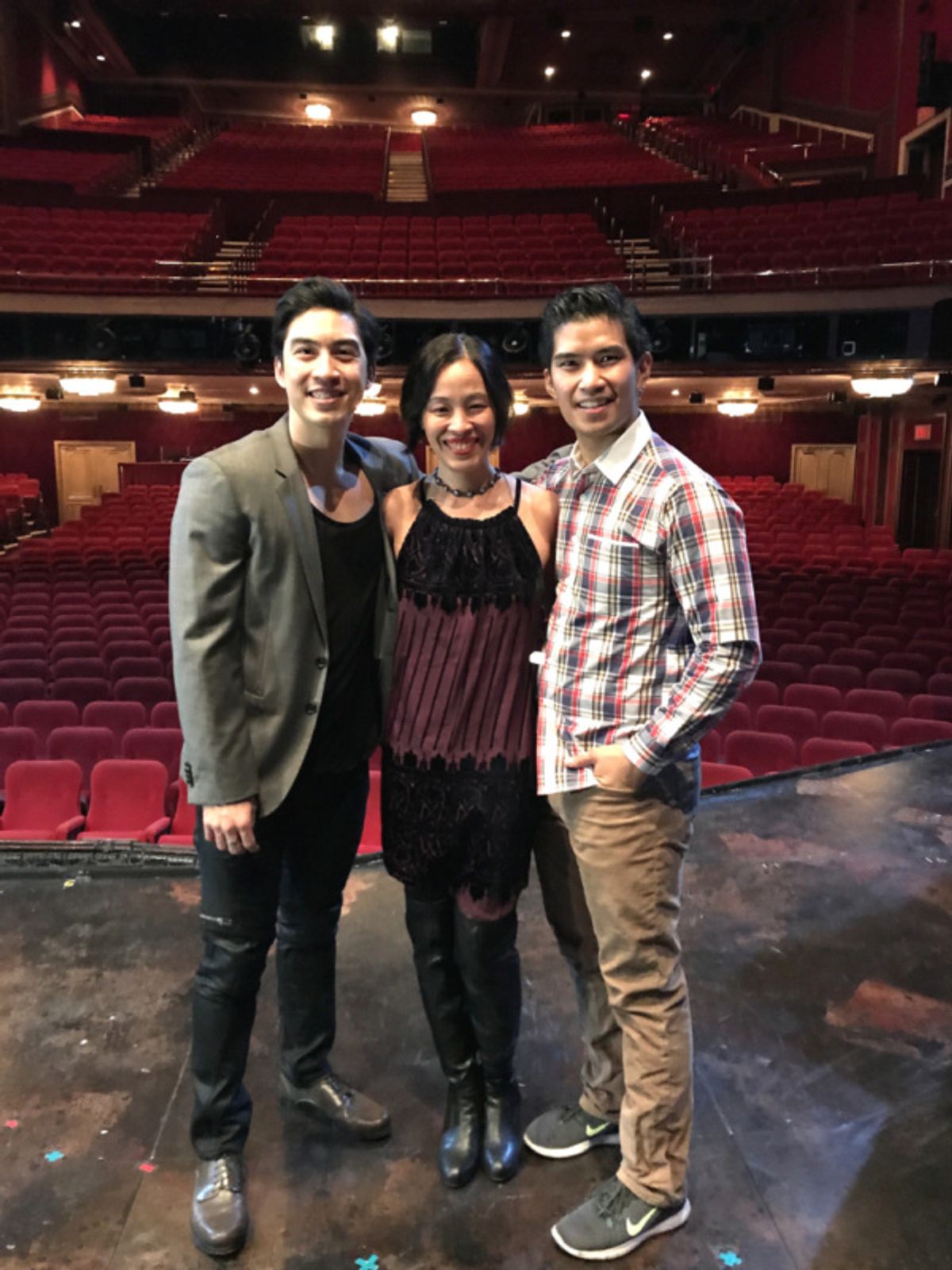 Devin Ilaw, Lia Chang, Christopher Vo on the set of MISS SAIGON at 