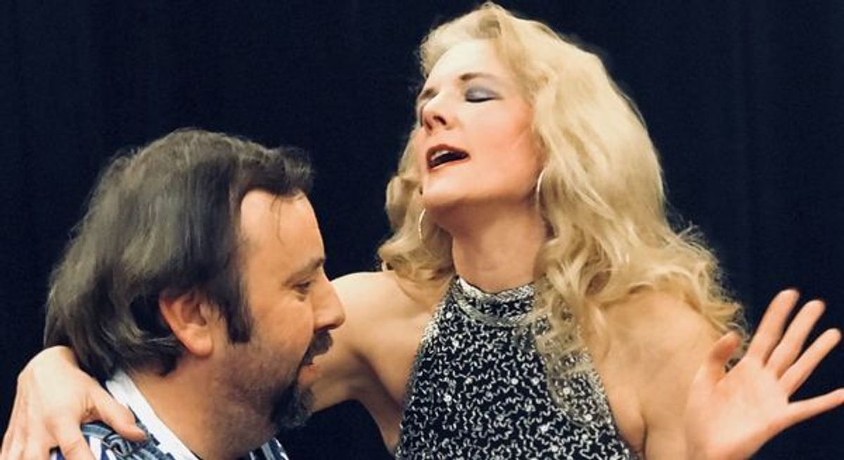 Eric Rupp, as Trevor the chimpanzee, aspires to a career with Morgan Fairchild, played by Anne Lannak, in Trevor at the Players Club of Swarthmore.  Photo by Rose Azrael. at 