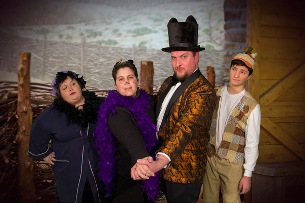 From left, starring in â€"Honk!â€ are Gina Drigant as Maureen/Lowbutt; Stacy Danka as Queenie, Nick Pecht as Cat, and Zachary Benedetti as Ugly at 