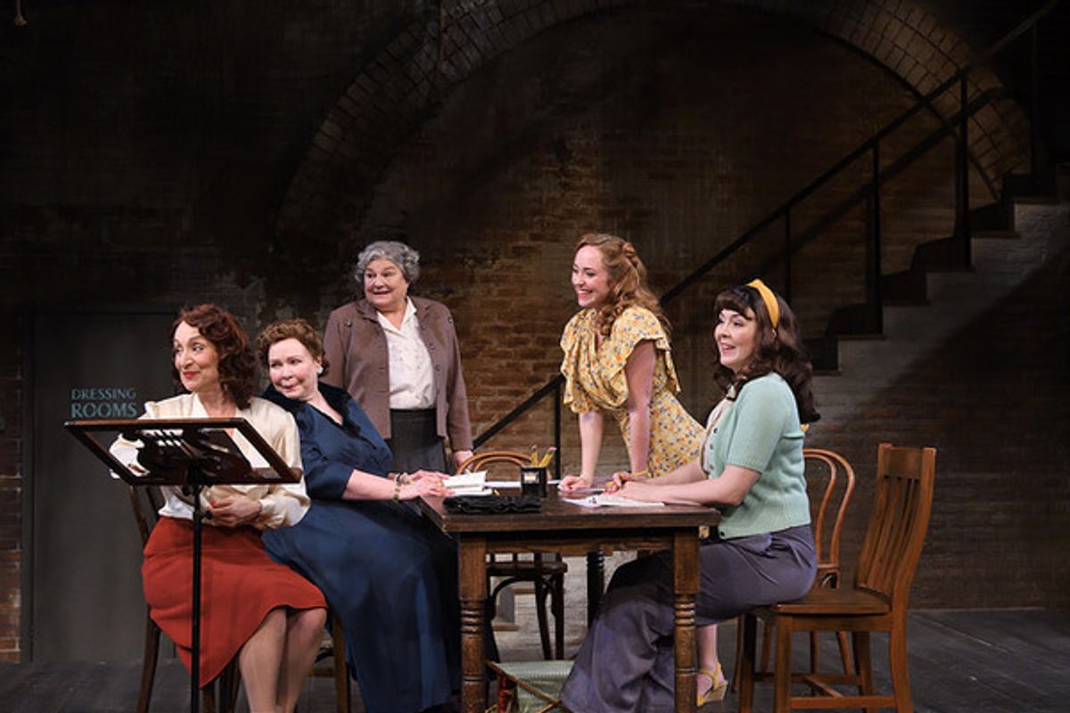 Left to right: Phyllis Kay as Celeste, Janice Duclos as Winifred, Anne Scurria as Maggie, Meghan Leathers as June and Rachael Warren as Grace in Into the Breeches! directed by Tyler Dobrowsky. Costume design by Olivera Gajic, set design by Cameron Anderso at 