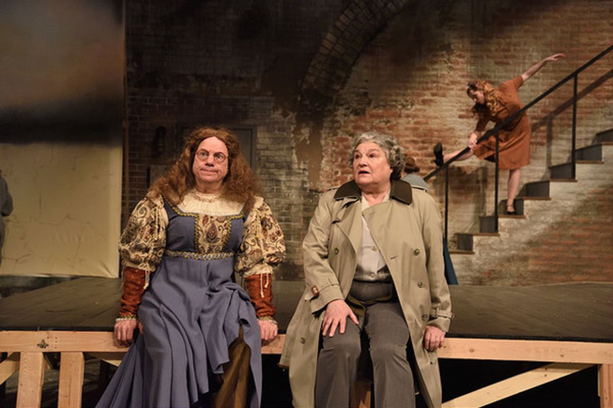 Left to right: Stephen Berenson as Stuart, Anne Scurria as Maggie and Meghan Leathers as June in Into the Breeches! directed by Tyler Dobrowsky. Costume design by Olivera Gajic, set design by Cameron Anderson, lighting design by Porsche McGovern. Photo Ma at 