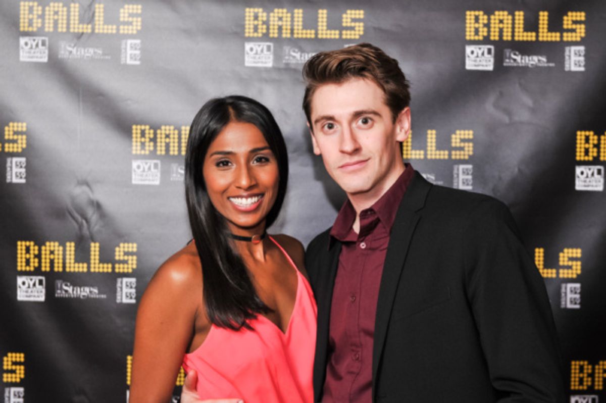 Cast members Elisha Mudly and Alex J. Gould celebrate the opening night of BALLS. Photo by Nathaniel Johnston
 at 