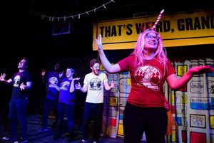(left to right) Barrel of Monkeys company members Andrés Enriquez, Stephen Wilkes, Nancy Casas, Rawson Vint and Rachel Wilson perform
â€"Hero Named Sparkel†in THAT’S WEIRD, GRANDMA: Stories for Change. Photo by Evan Hanover. @ BroadwayWorld (left to right) Barrel of Monkeys company members Andrés Enriquez, Stephen Wilkes, Photo