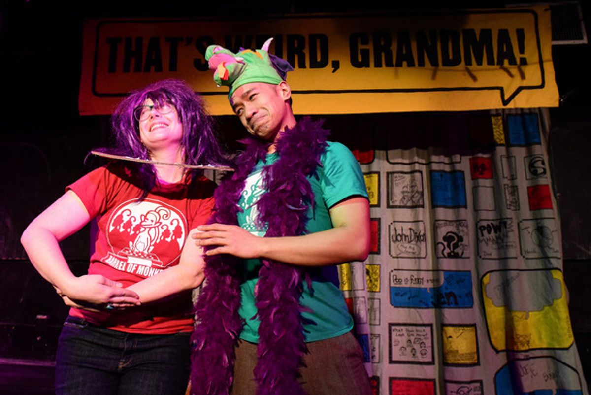 (left to right) Barrel of Monkeys company members Rachel Wilson and Bryan Bosque perform â€"Tilly, Thunder, and Bobâ€ in THATâ€™S WEIRD, GRANDMA: Stories for Change. Photo by Evan Hanover. at 