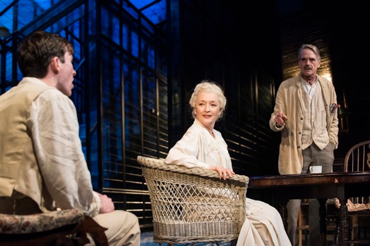 Matthew Beard as Edmund Tyrone Lesley Manville as Mary Tyrone and Jeremy Irons as James Tyrone at 