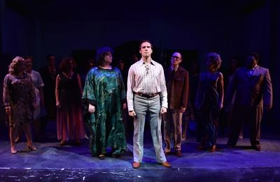 Jim DeSelm, center, with the cast of MERRILY WE ROLL ALONG from Porchlight Music Thea Photo
