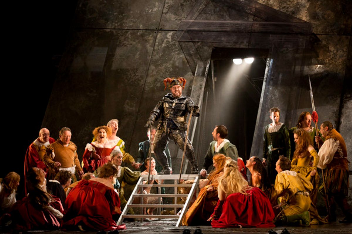 Dimitri Platanias as Rigoletto with The Royal Opera Chorus as Courtiers at 