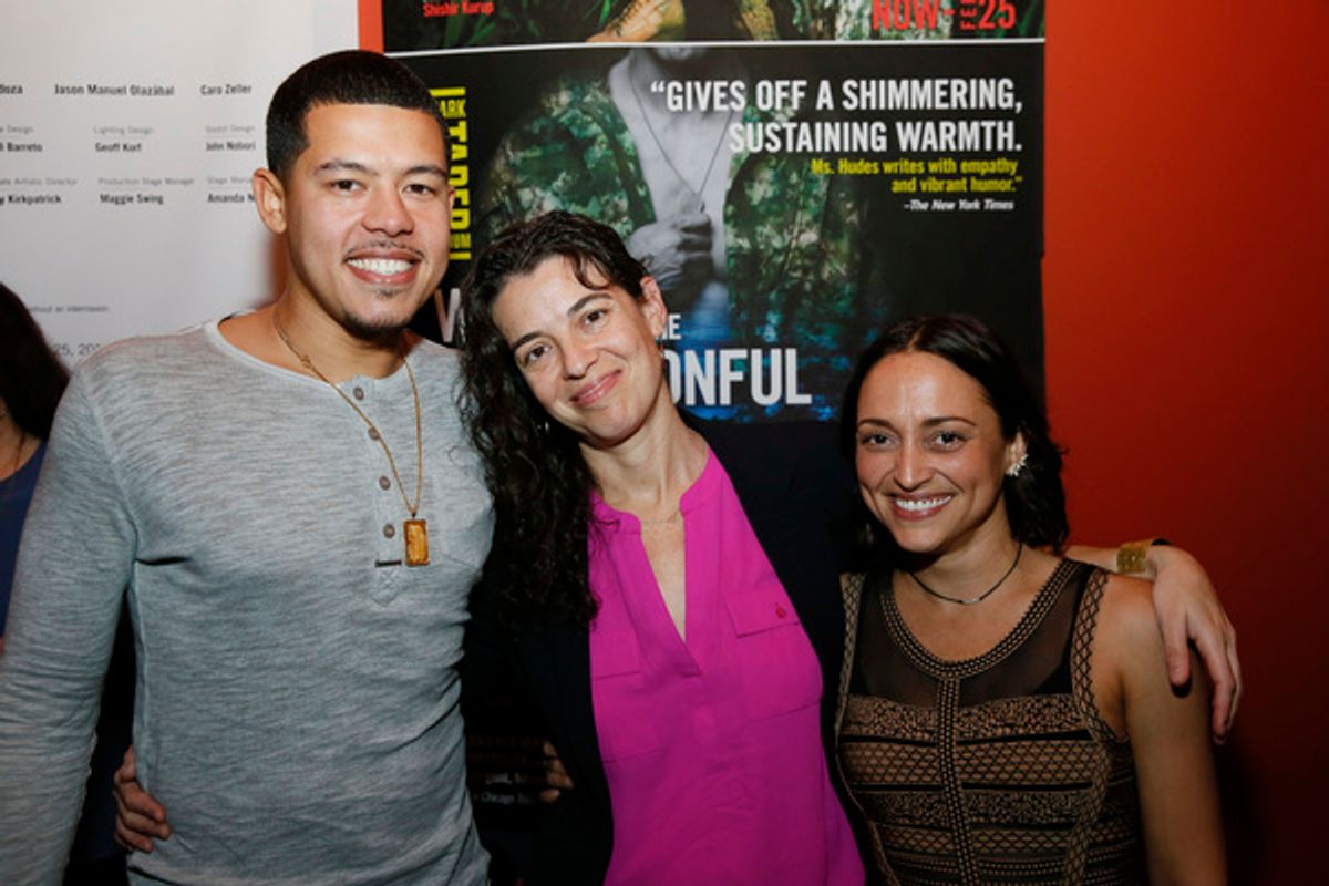 From left, Elliot Ruiz, playwright Quiara AlegrÃ­a Hudes and cast member Caro Zeller at the opening night performance of â€"Elliot, A Soldierâ€™s Fugueâ€ at Center Theatre Group's Kirk Douglas Theatre on February 3, 2018, in Culver City, California. (Pho at 