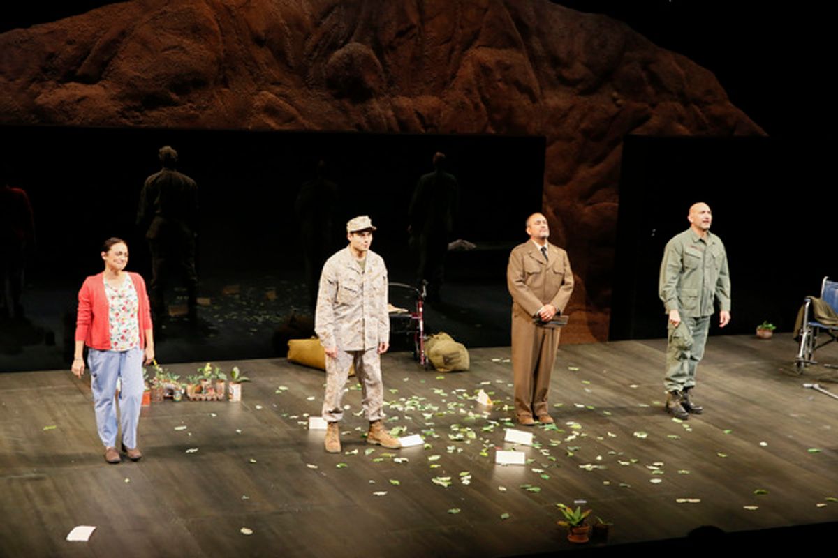 From left, cast members Caro Zeller, Peter Mendoza, RubÃ©n Garfias and Jason Manuel OlazÃ¡bal during the curtain call for the opening night performance of â€"Elliot, A Soldierâ€™s Fugueâ€ at Center Theatre Group's Kirk Douglas Theatre on February 3, 2018 at 