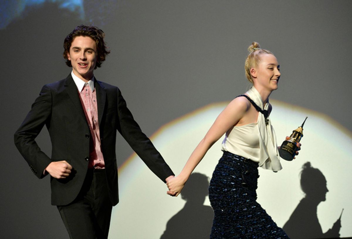 Actors Timothee Chalamet and Saoirse Ronan onstage at the Santa Barbara Award Honoring Saoirse Ronan Presented By UGG during The 33rd Santa Barbara International Film Festival at Arlington Theatre on February 4, 2018 in Santa Barbara, California.  (Photo  at 