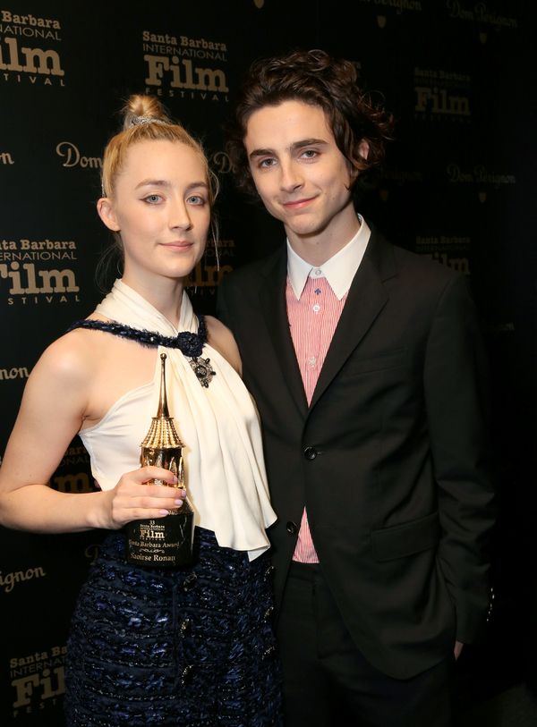  Actors Saoirse Ronan and Timothee Chalamet pose backstage with the Santa Barbara Awa Photo