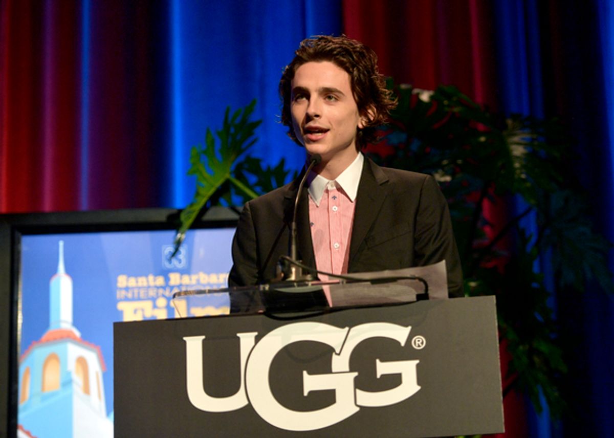 Actor Timothee Chalamet speaks onstage at the Santa Barbara Award Honoring Saoirse Ronan Presented By UGG during The 33rd Santa Barbara International Film Festival at Arlington Theatre on February 4, 2018 in Santa Barbara, California.  (Photo by Matt Wink at 