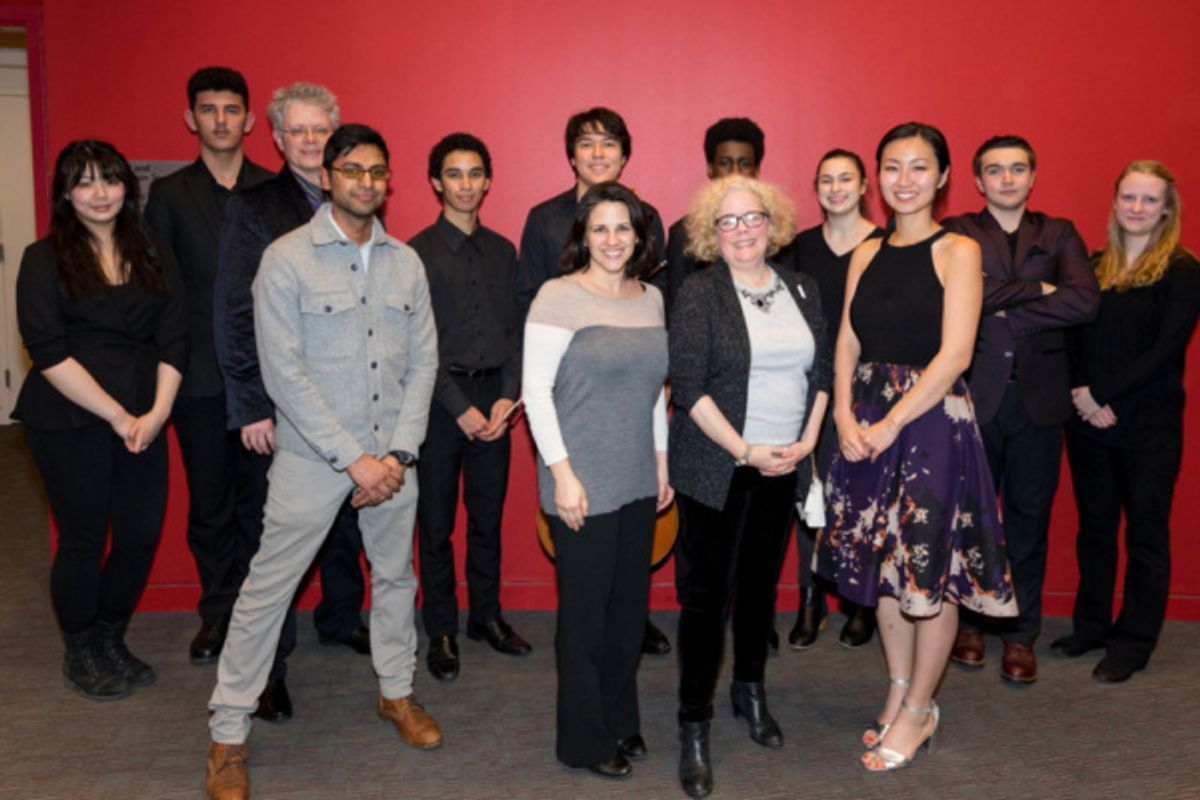 Nina Uesato, Musajon Kakhkharov, Face the Music Director David Harrington, Vasu Panicker, Moises Molina, Sam Boyce, Eugene M. Lang Foundation Executive Director Lauren McGrail, Kaufman Music Center Tr at 