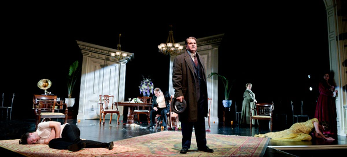 The Maltz Jupiter Theatreâ€™s sold out production of the psychological thriller An Inspector Calls is onstage through February 18. Pictured are Cliff Burgess, Rob Donohoe, James Andreassi, Elizabeth Dimon, Angie Radosh and Charlotte Bydwell. Photo by Alic at 